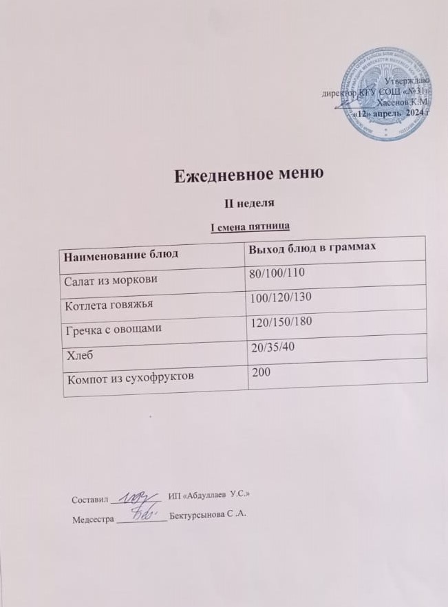меню 2 смена