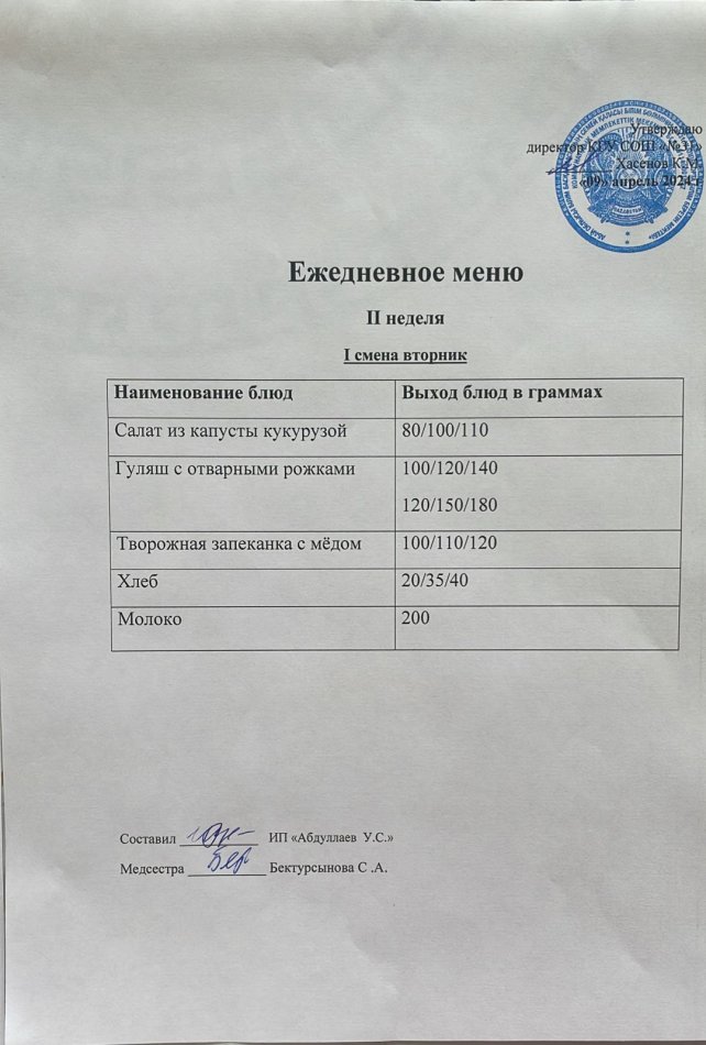 меню 1 смена