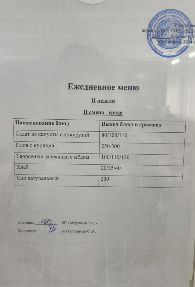 меню 2 смена