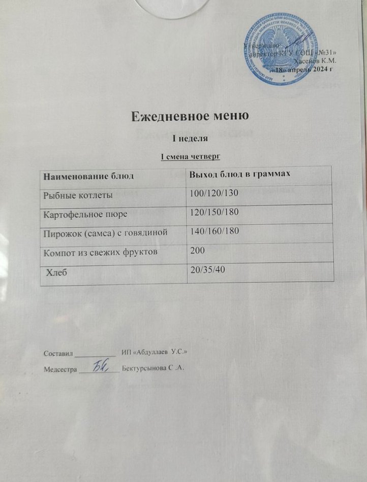 меню 1 смена