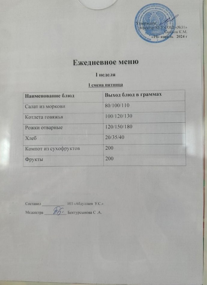 меню 1 смена