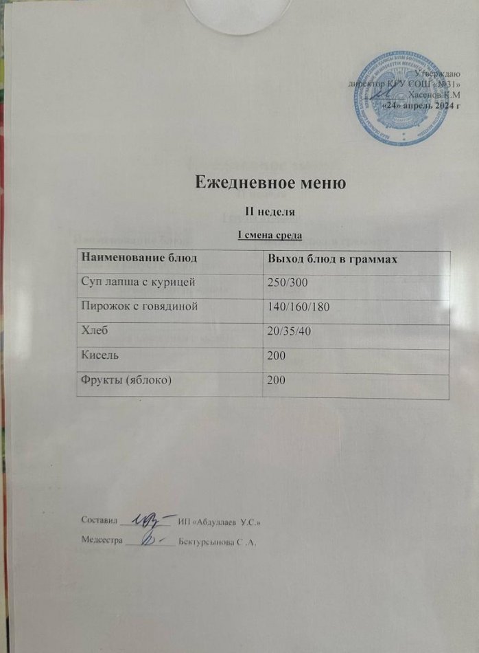 меню 1 смена