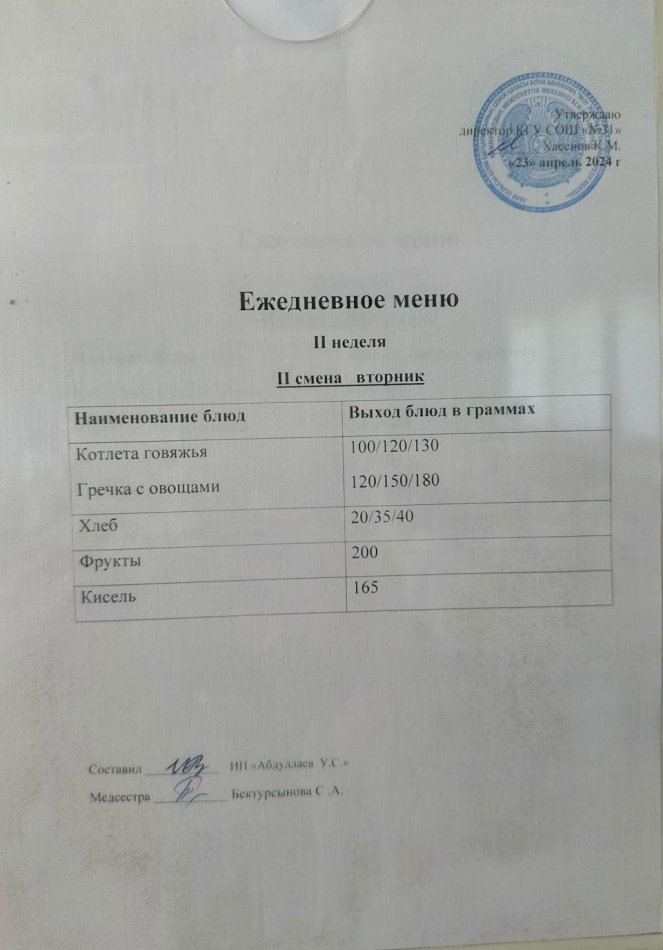 меню 2 смена