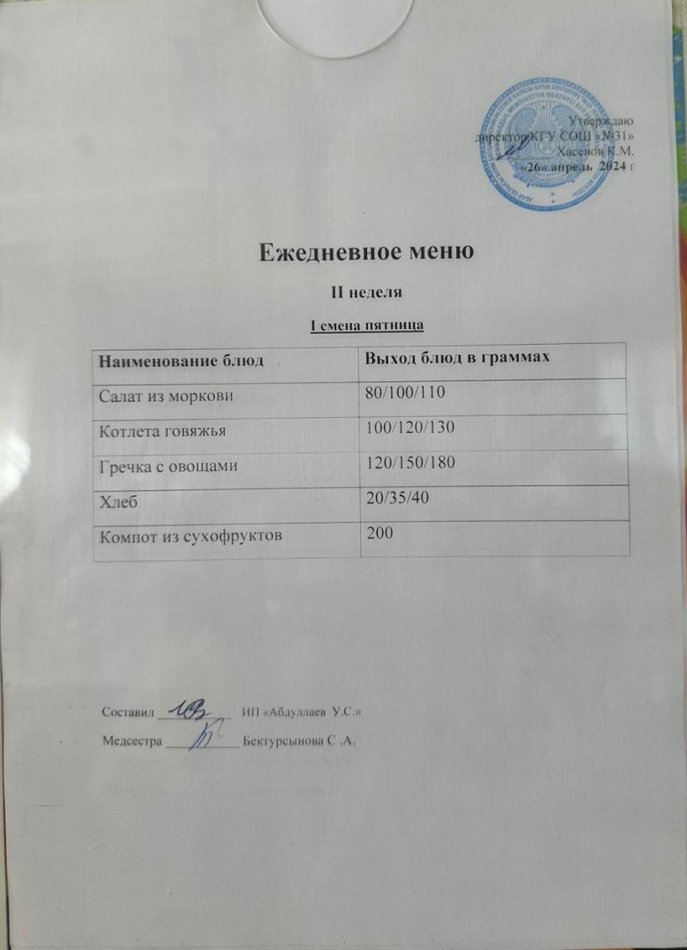 меню 1 смена