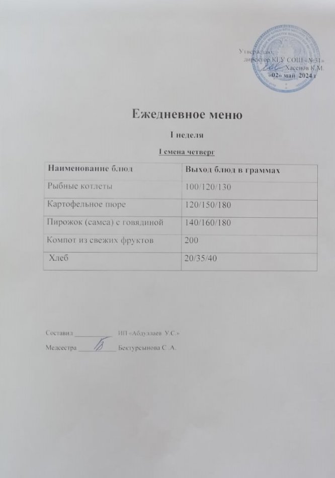 меню 1 смена