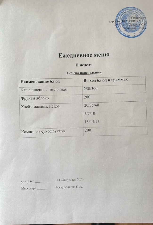 меню 1 смена