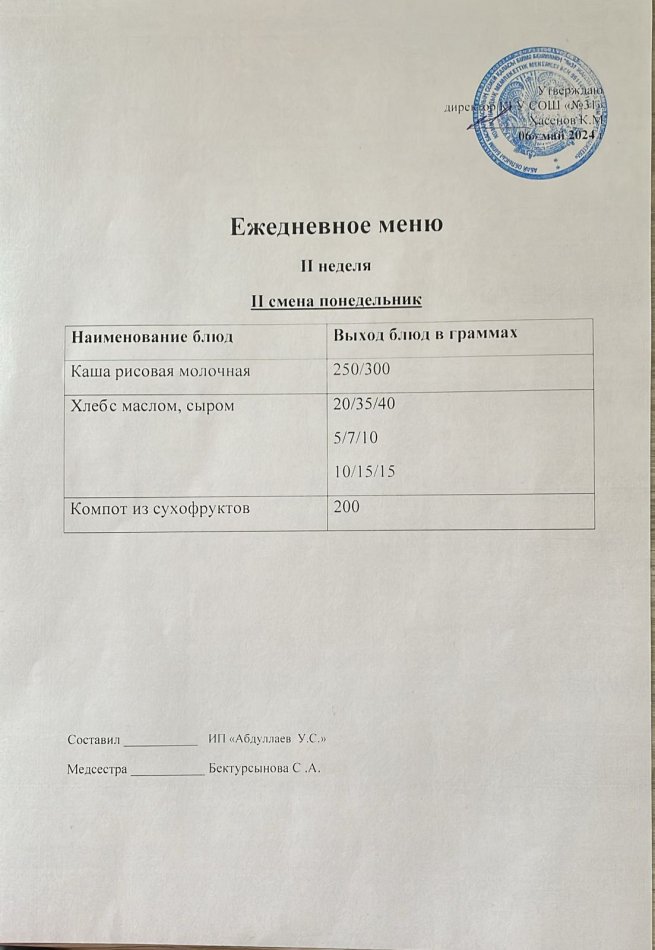 меню 2 смена