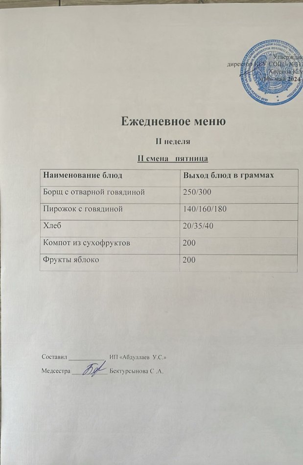 меню 2 смена