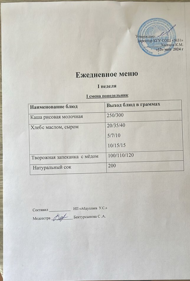 меню 1 смена