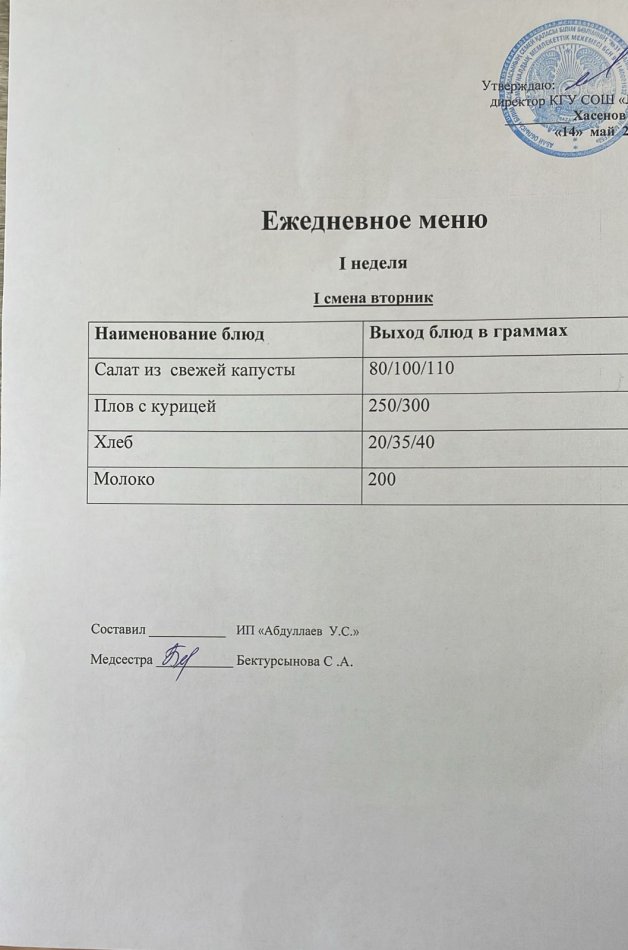 меню 1 смена