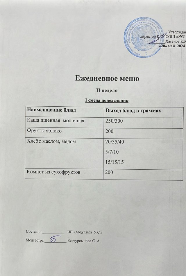 меню 1 смена