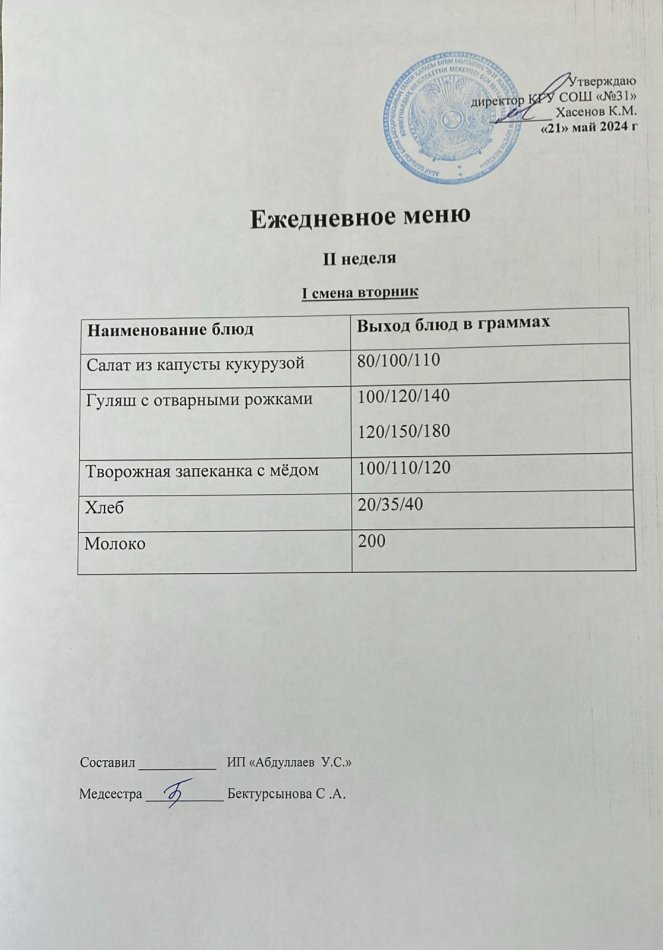 меню 1 смена