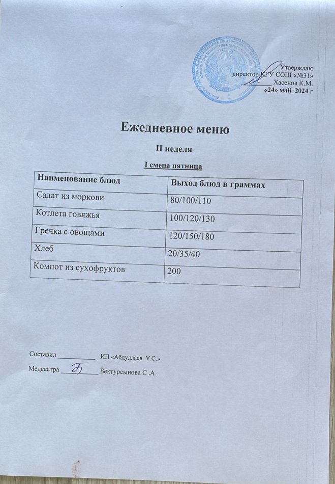 меню 1 смена