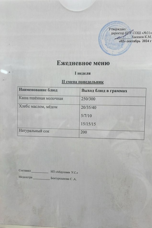 меню 2 смена