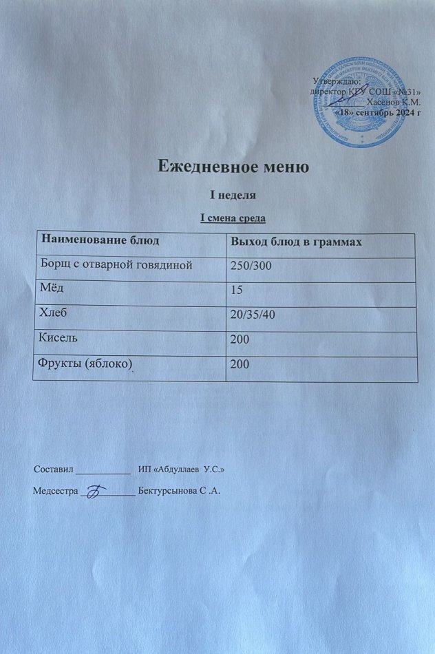 меню 1 смена