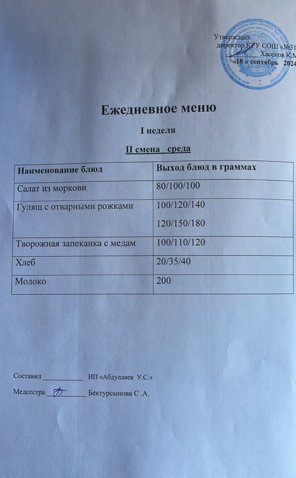 меню 2 смена