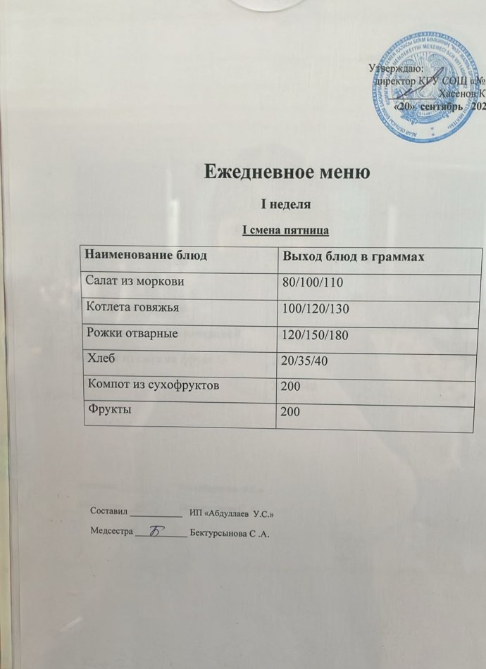 меню 1 смена