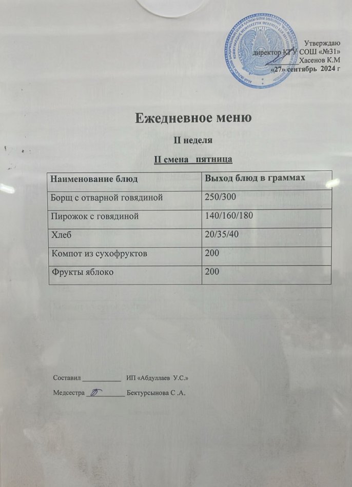 меню 2 смена