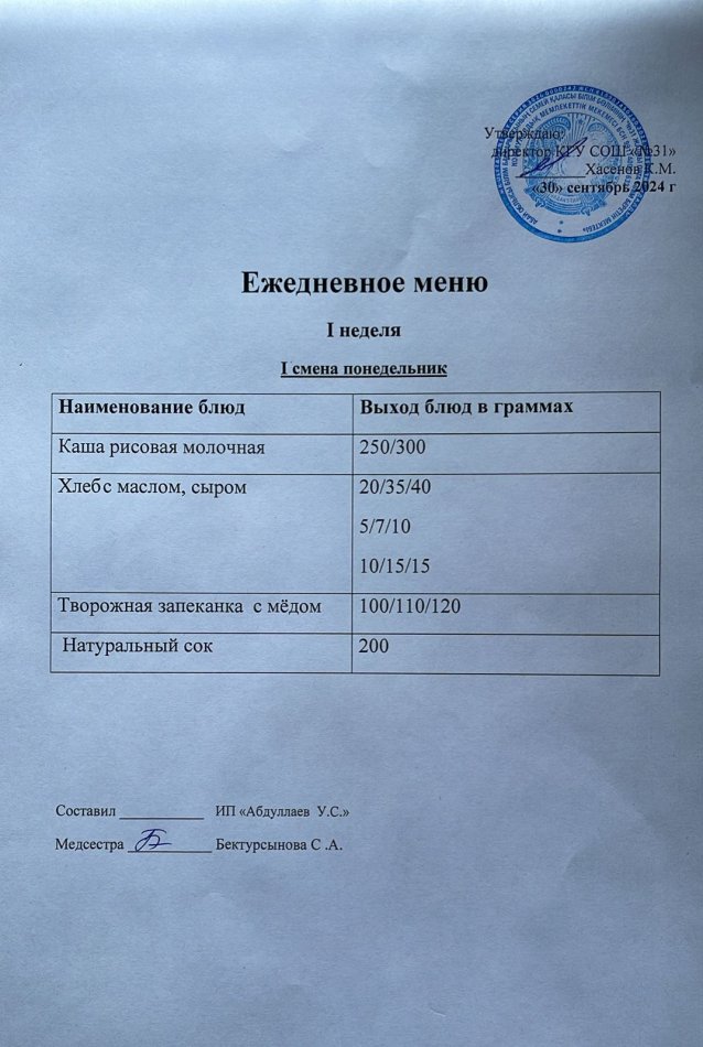 меню 1 смена