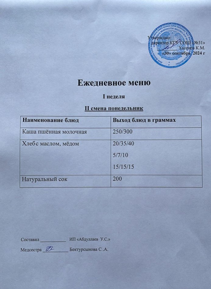 меню 2 смена