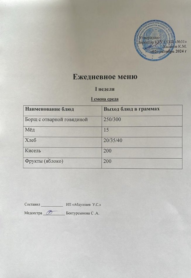 меню 1 смена