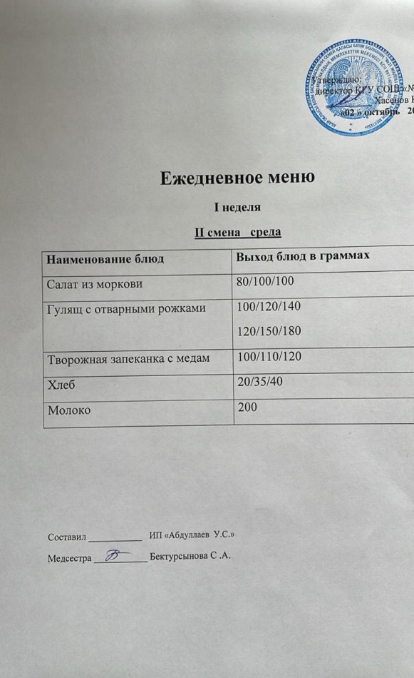 меню 2 смена
