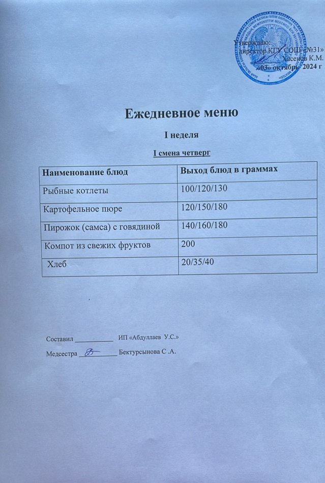 меню 1 смена