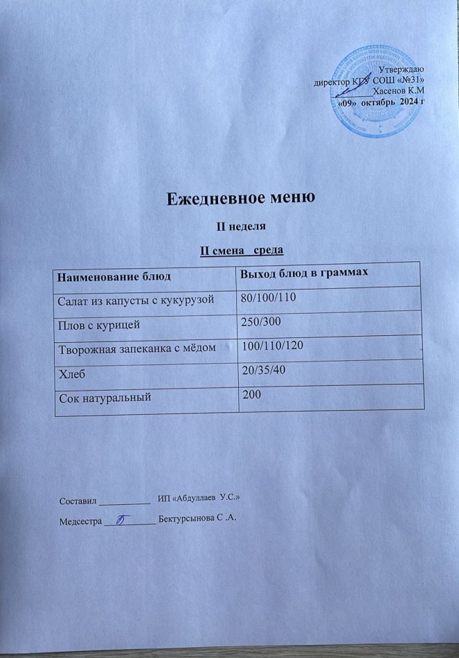меню 2 смена
