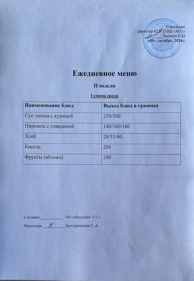 меню 1 смена