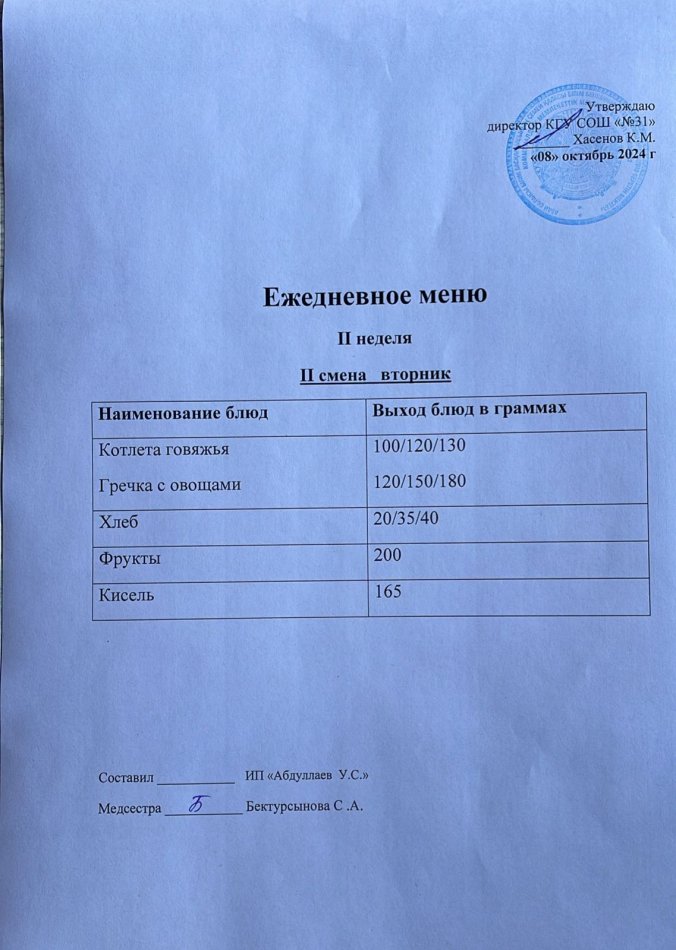 меню 2 смена
