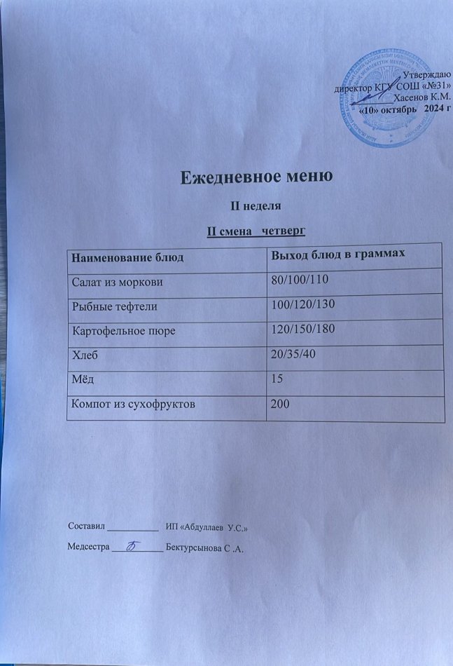 меню 2 смена