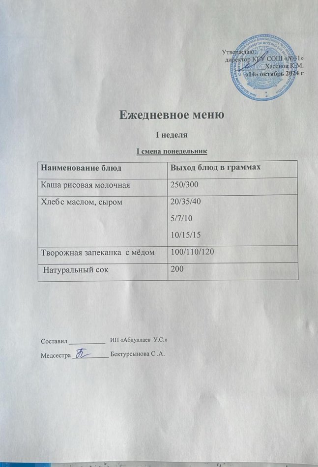 меню 1 смена