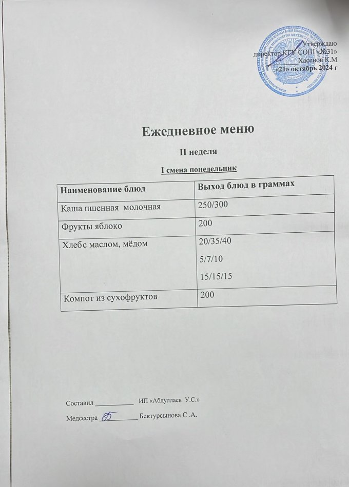 меню 1 смена