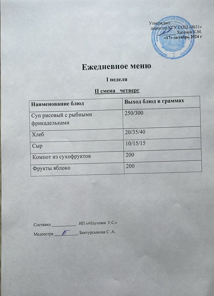 меню 2 смена