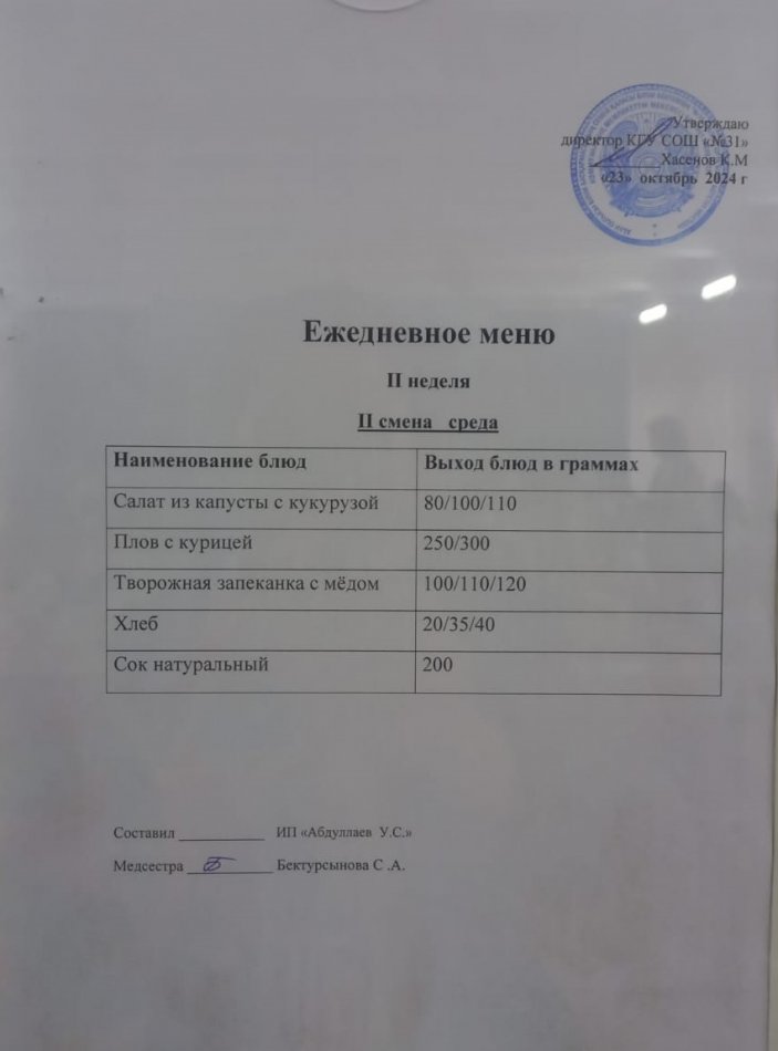 меню 2 смена