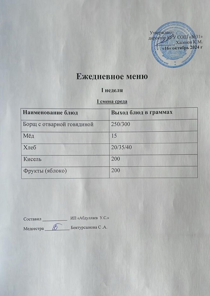меню 1 смена
