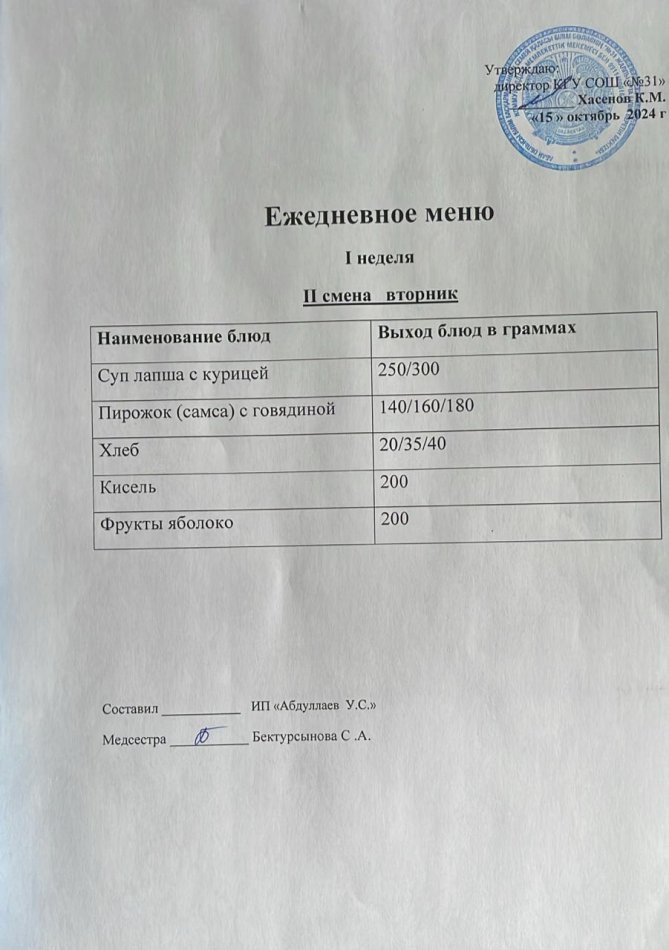 меню 2 смена