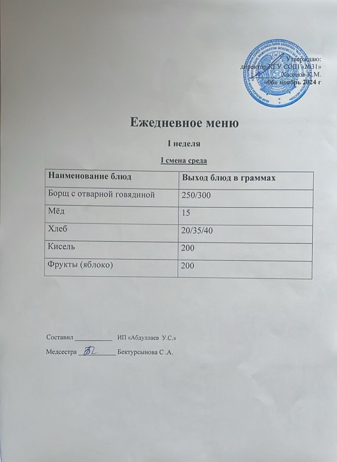 меню 1 смена