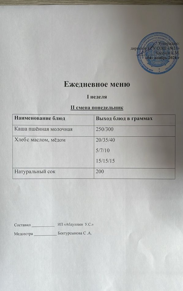 меню 2 смена