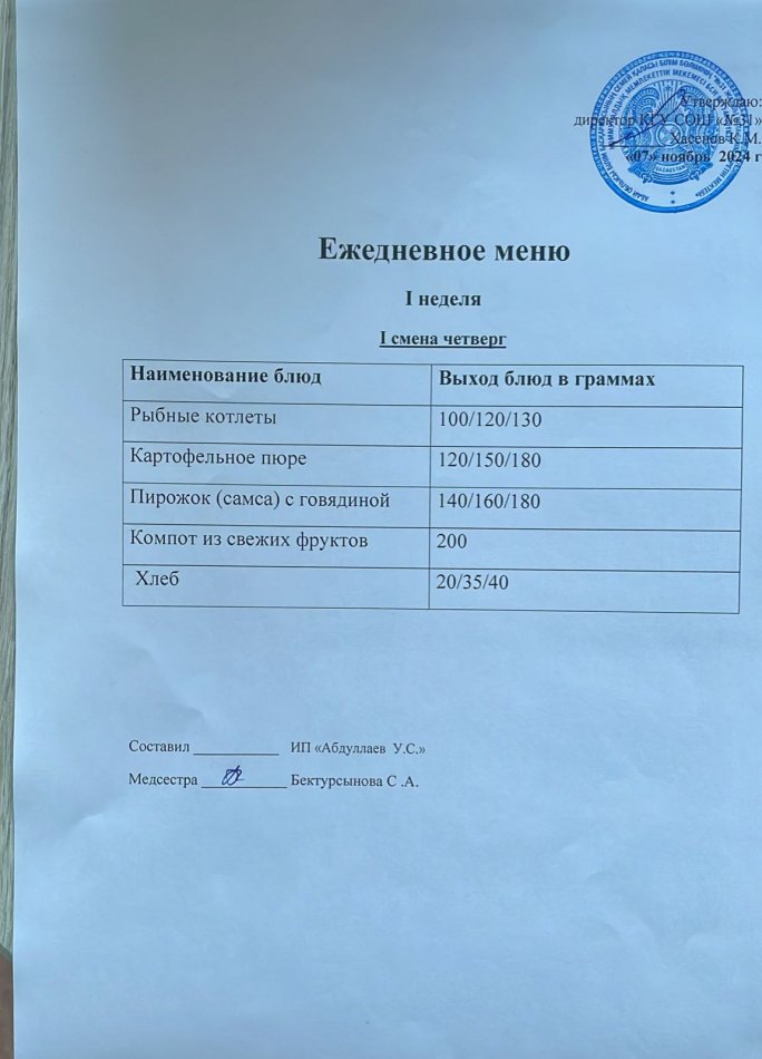 меню 1 смена