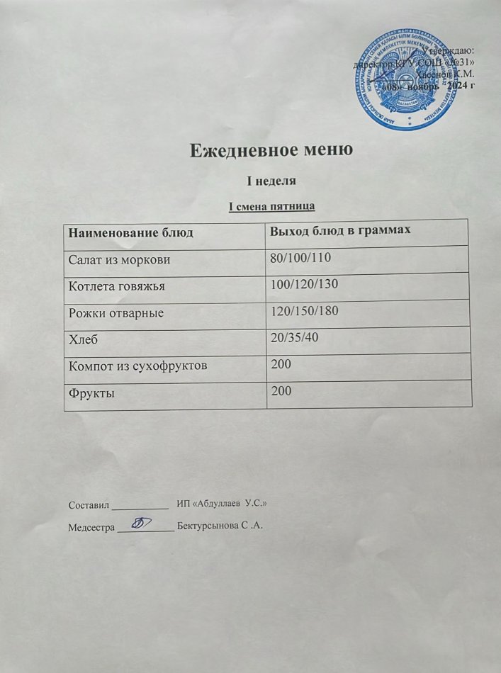 меню 1 смена