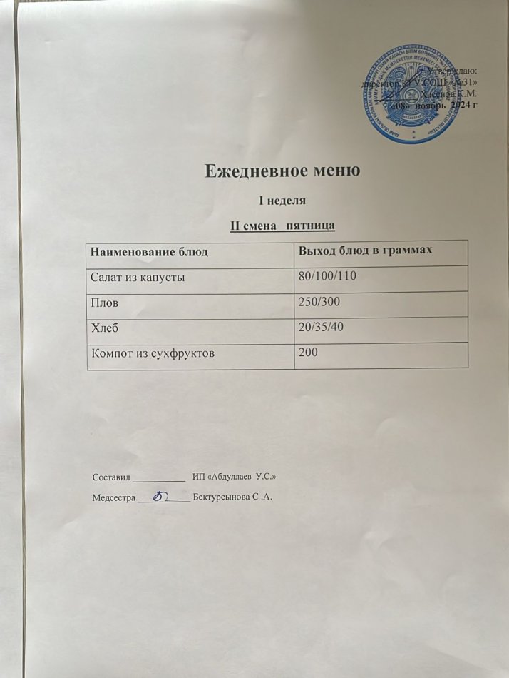 меню 2 смена
