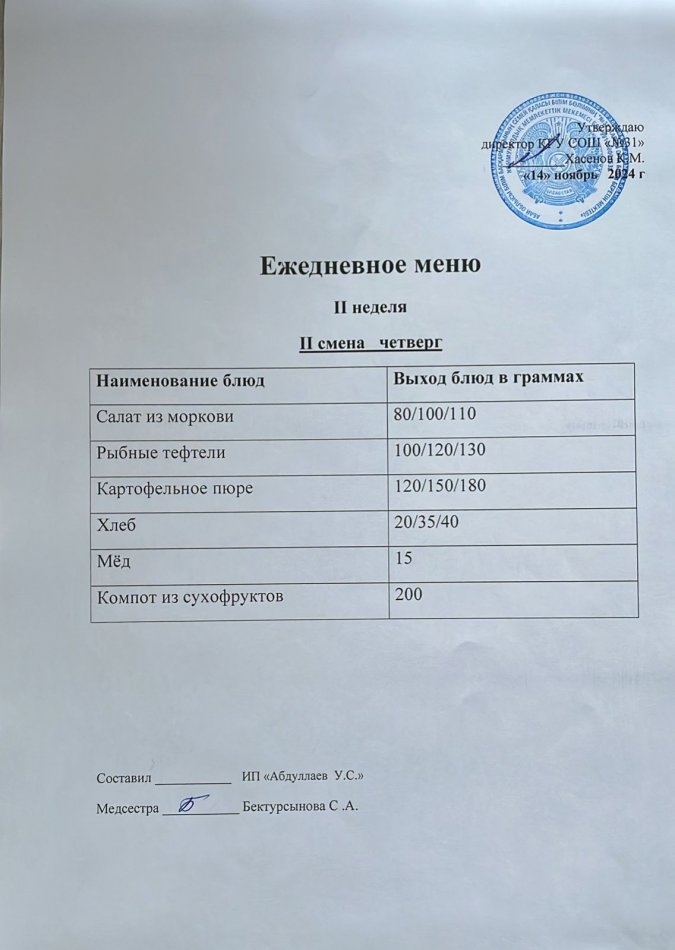 меню 2 смена