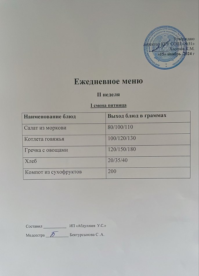 меню 1 смена