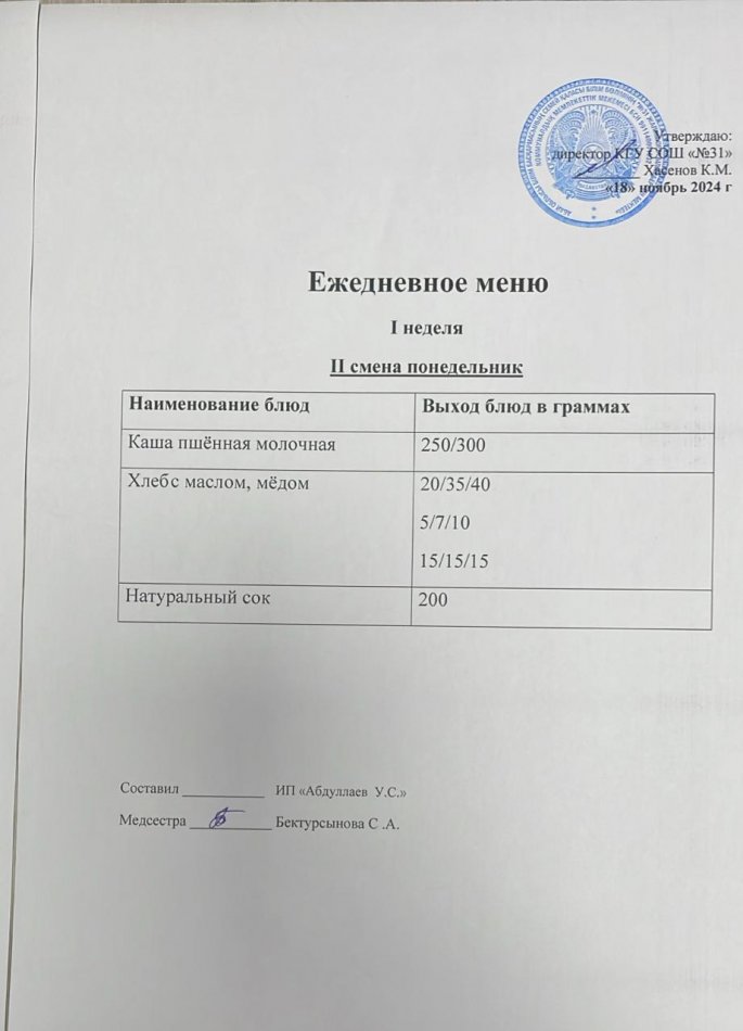 меню 2 смена