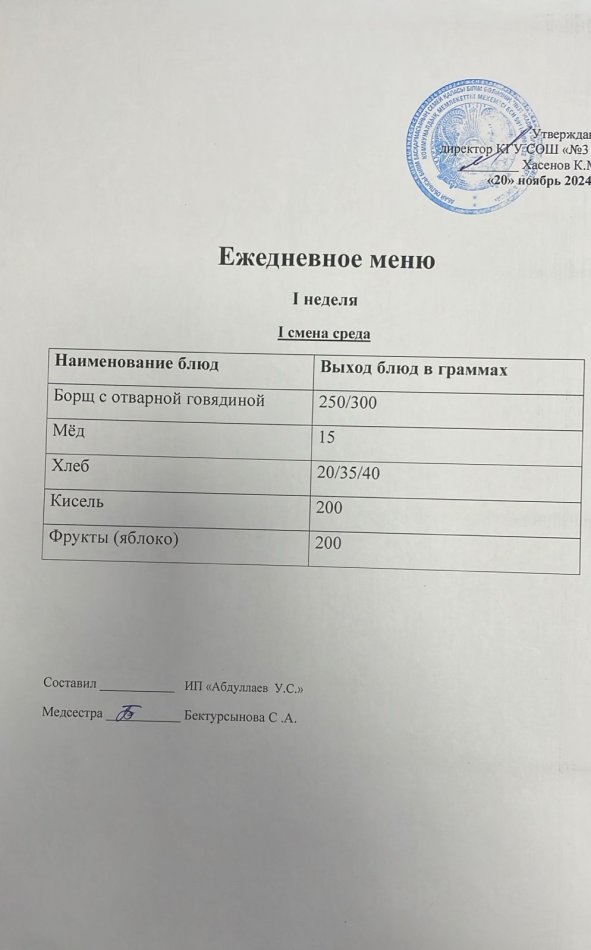 меню 1 смена