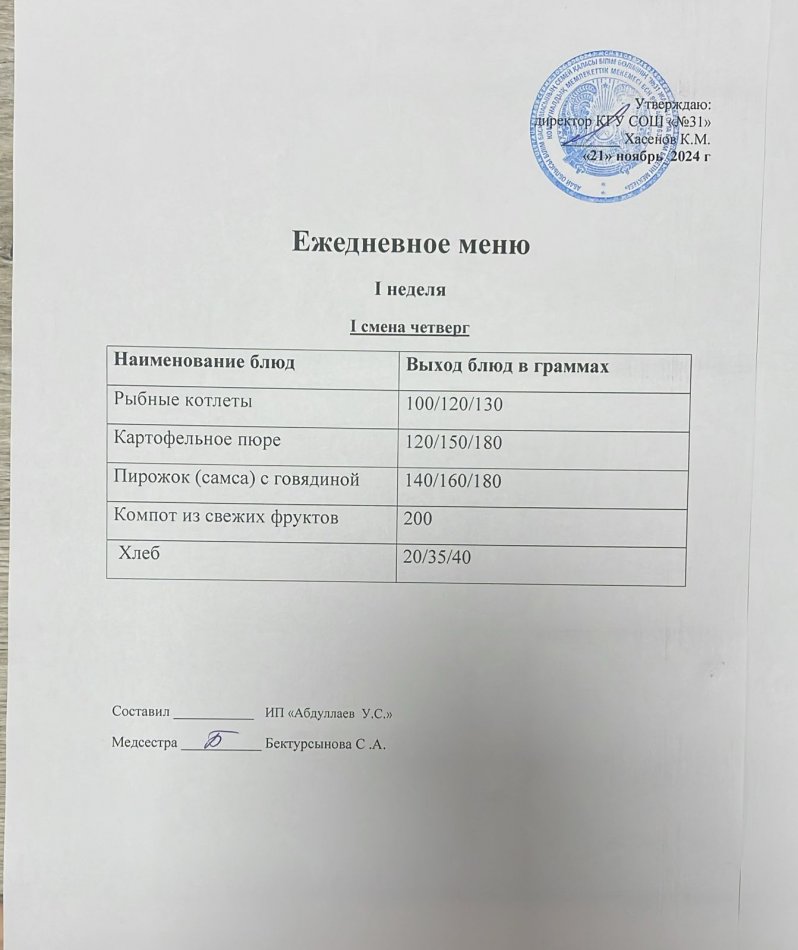 меню 1 смена