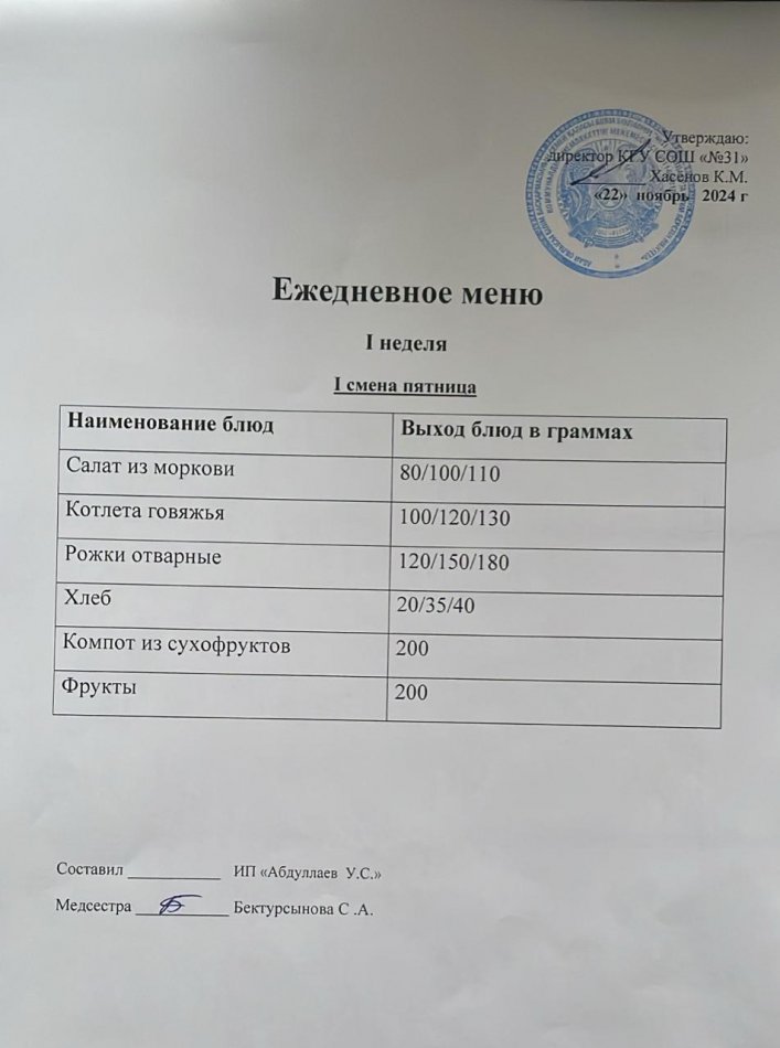 меню 1 смена