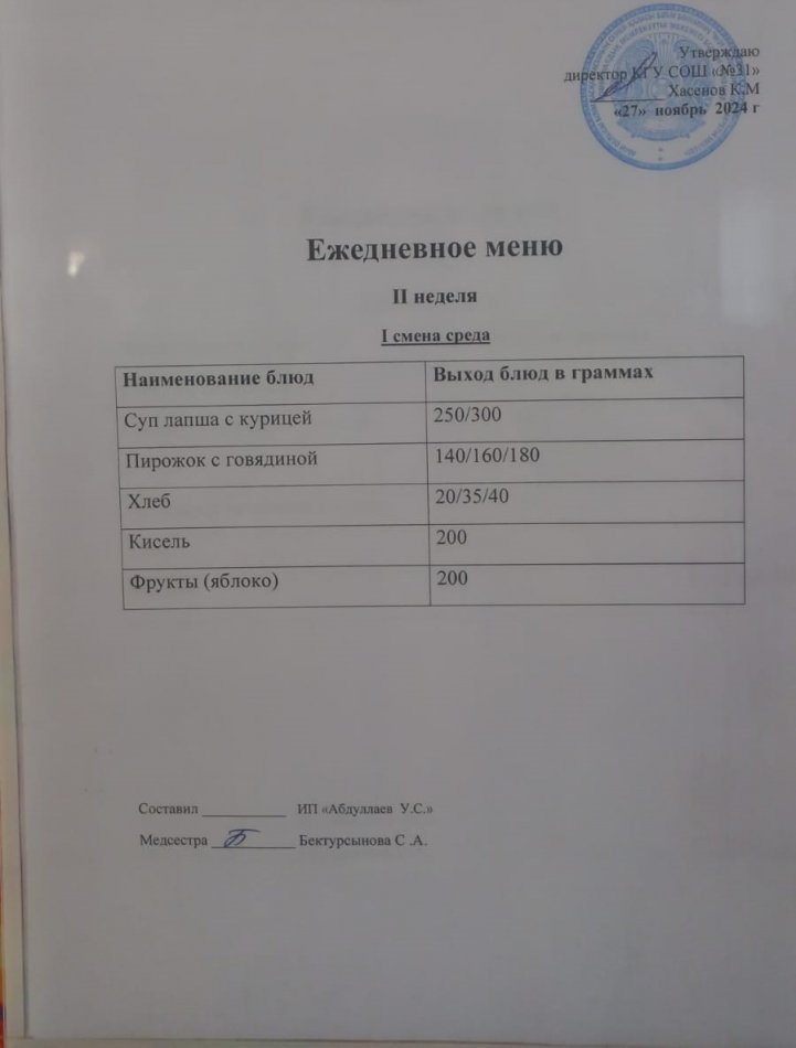 меню 1 смена