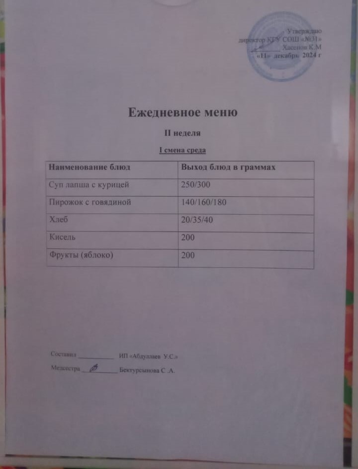 меню 1 смена